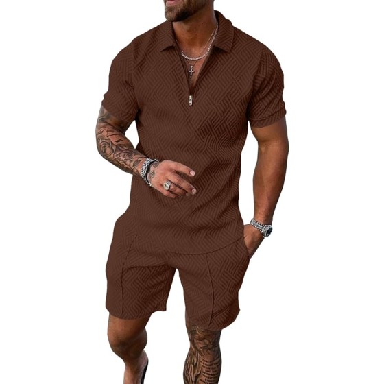 UOUA Men's Summer Sports Set - 2-piece Shorts Set, Short-Sleeved Sports Outfit Set, 1/4 Zipper Golf Polo Shirt, Home Clothing